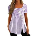 thumbnail image 2 of Sakmal Womens Summer Tops Purple Short Sleeve Floral Square Neckline Button Tunic Ladies Shirts Clearance, 2 of 5