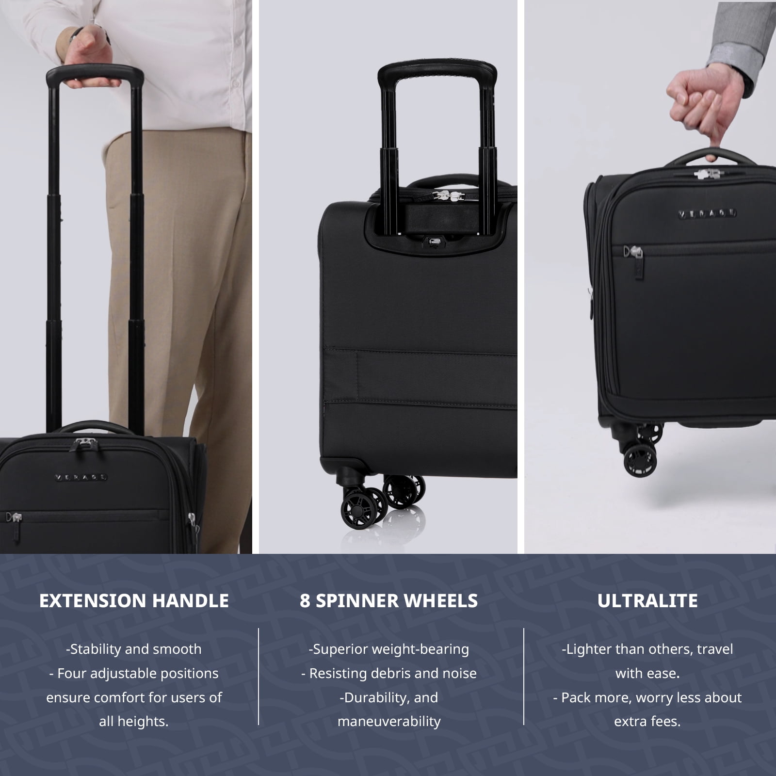 VERAGE Underseat Carry on Luggage with spinner Wheels & USB Port,Bag for Airlines, Lightweight Suitcase for Men Women, Pilots and Crew, Black (14-Inch)
