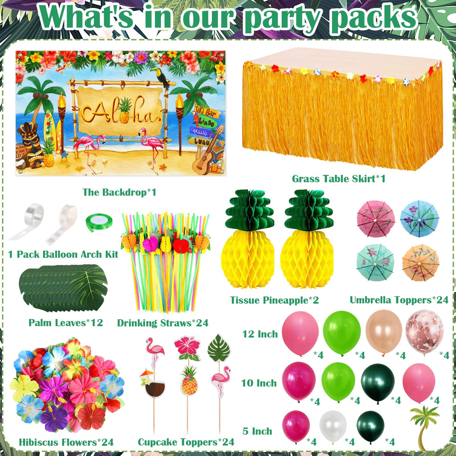 Hawaiian Luau Party Decorations Tropical Luau Theme Aloha Party Pack 171pcs  for Summer Beach Holiday (Including Table Skirt, Backdrop, Banner