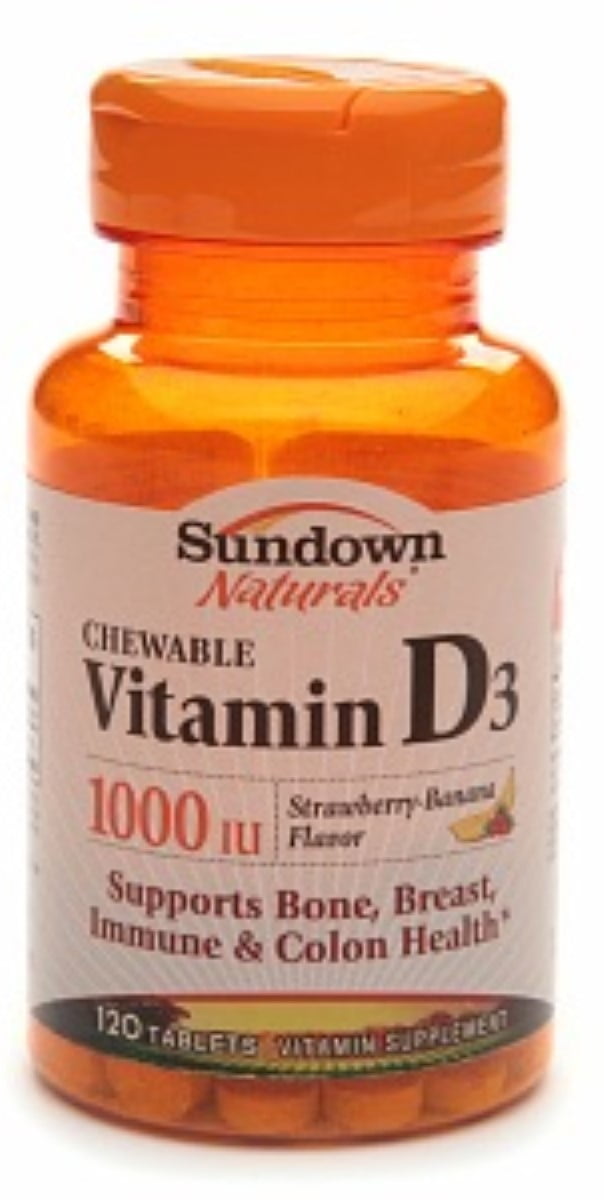 Sundown Naturals Vitamin D3 1000 IU Chewable Tablets Strawberry-Banana Flavor 120 Tablets (Pack of 4)