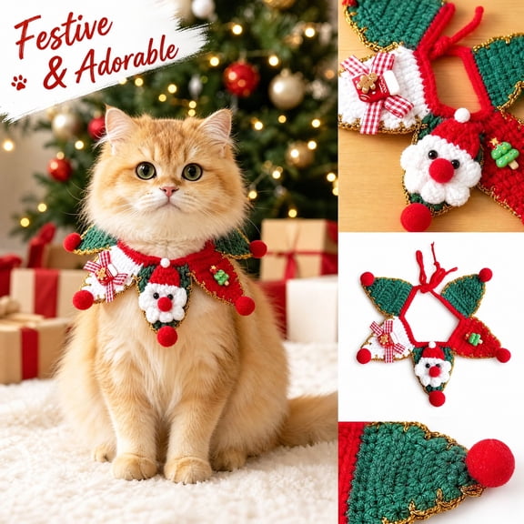 MInHoues Christmas Crochet Pet Collar, Handmade Santa Face Star Shape Knitted Neck Collar for Small Medium Dogs Cats, Christmas Holiday Party Family Photo Prop