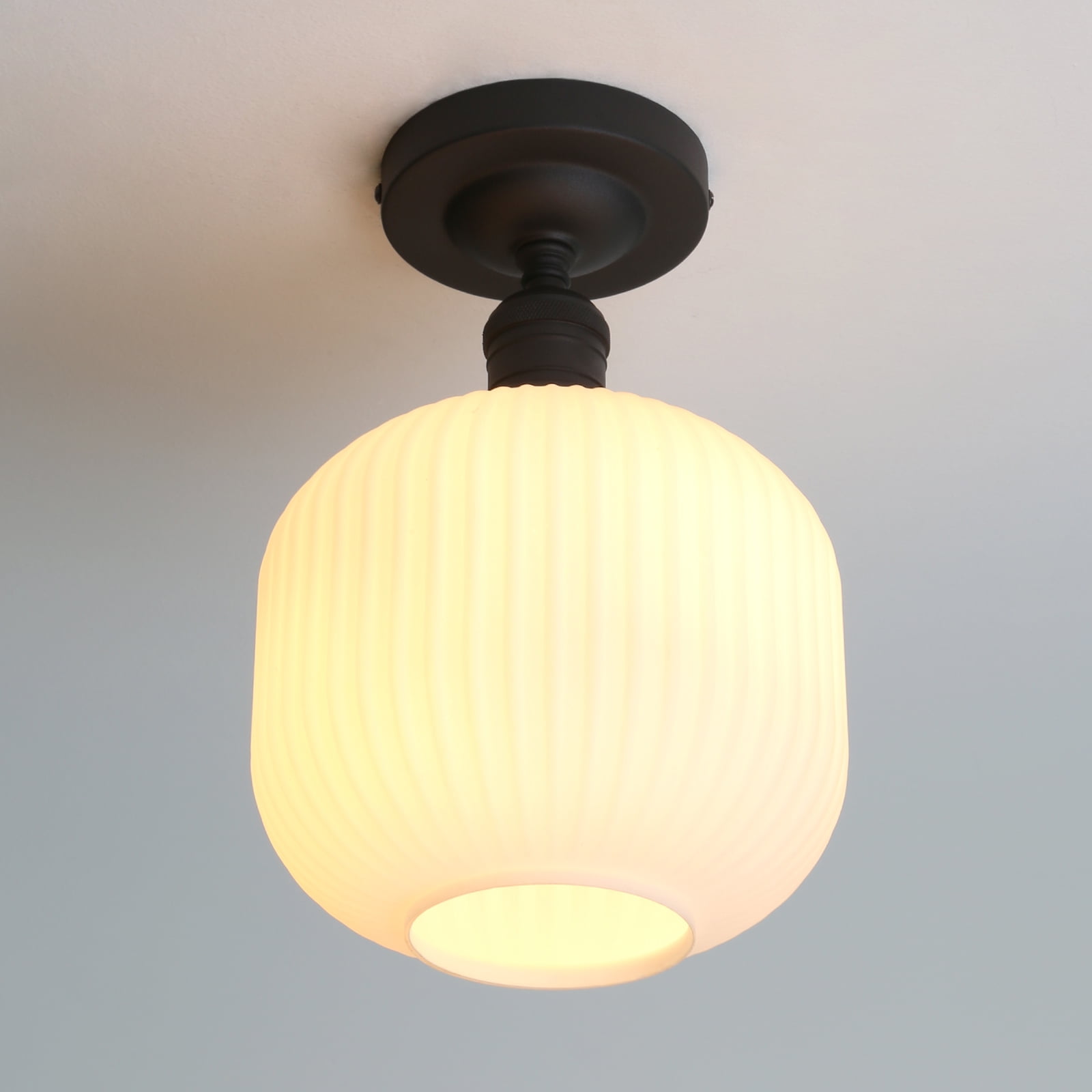 Pathson Industrial Semi Flush Mount Ceiling Light, Milky White Ribbed Glass Close to Ceiling Light for Living Room Dinning Room Kitchen Porch