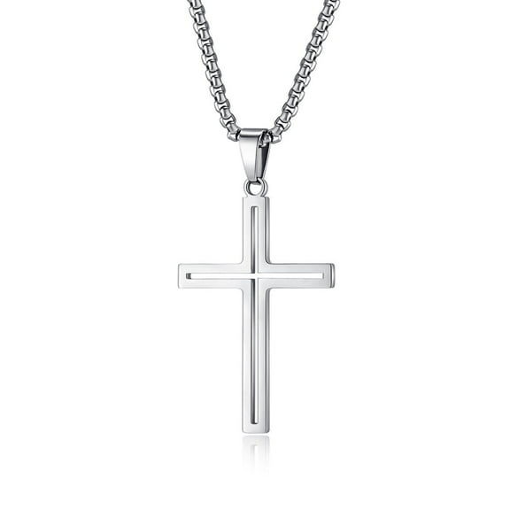 Rynsito Cross Necklace for Men, Sterling Silver Hollow Out Cross Pendant with 24 Inch Stainless Box Chain, Faith Jewelry Gifts for Men Father Uncle Son