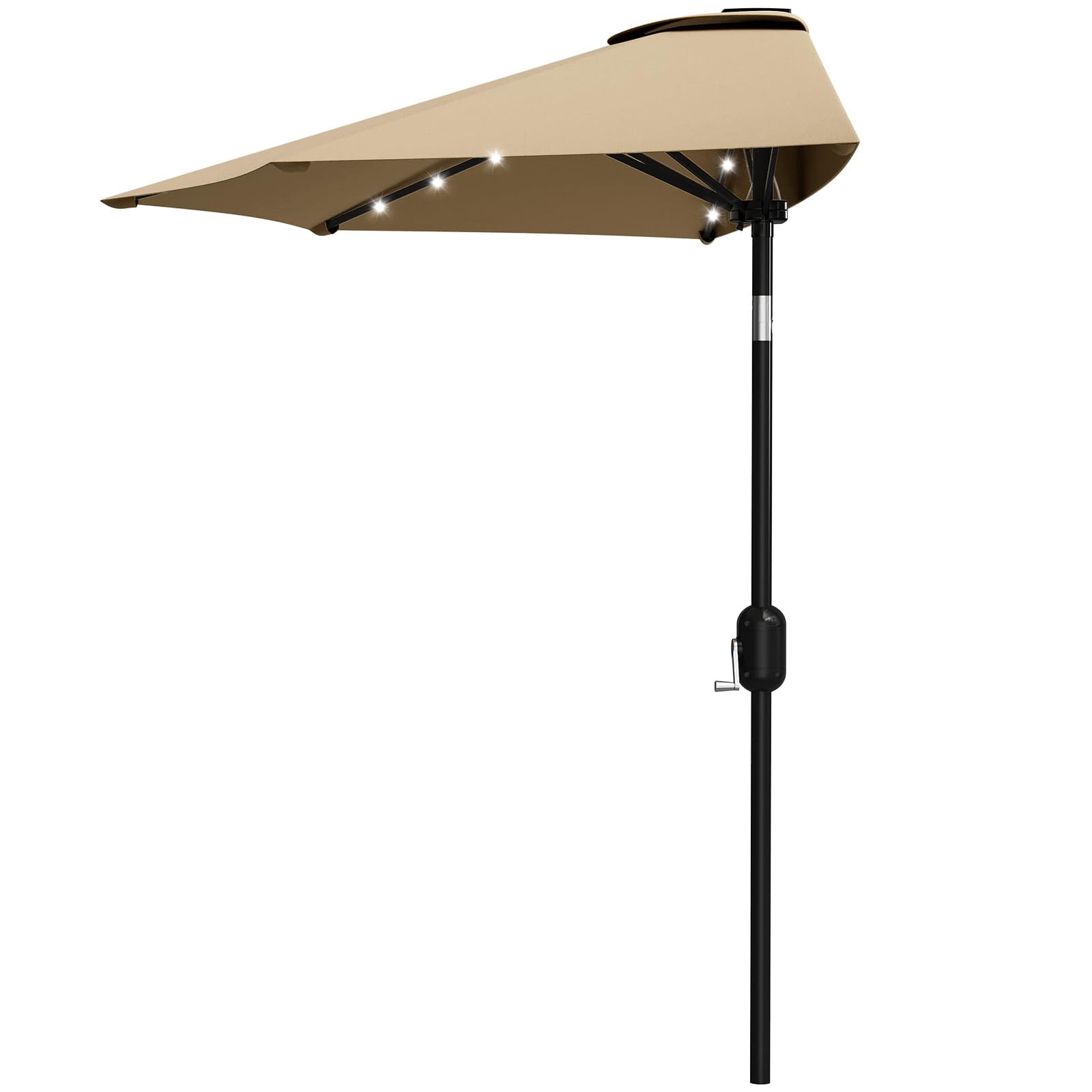 Emorefun 9ft Half Umbrella for Patio, Canopy Umbrella with Solar LED Lights and Crank Lift, Tan