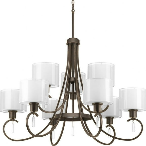 Invite Collection Nine-Light Antique Bronze White Silk Mylar Shade New Traditional Chandelier Light