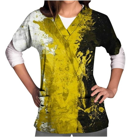 

Yyeselk Women Scrubs Top Workwear Tie-Dye Printed Short Sleeve Summer Working Uniform with Pockets Holiday Funny V Neck Nursing Shirts Yellow S