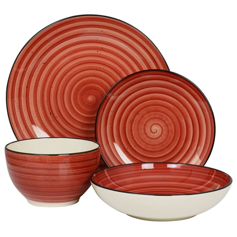 Elama 16-Piece Stoneware Dinnerware Set – Dark Red With Gold Accents, Round & Oval Shapes