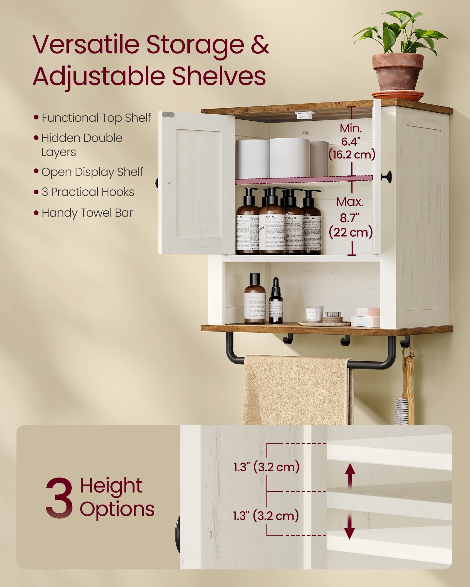 VASAGLE LIRY Collection - Bathroom Wall Cabinet, Farmhouse Wall-Mounted Medicine Storage Cabinet with 2 Barn Doors, Adjustable Shelf, Towel Bar, 7.9 x 18.1 x 24 Inches, Rustic White