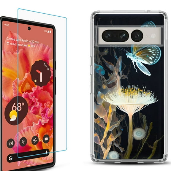 Shockproof Bumper Phone Case for Google Pixel 7, with Tempered Glass Screen Protector, by OneToughShield ® - Butterfly Translucent