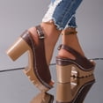 thumbnail image 4 of Platform Heels for Women Lug Sole Chunky High Heeled Sandals Peep Toe Splice Leather Adjustable Strap Pumps Brown Size 8.5, 4 of 6