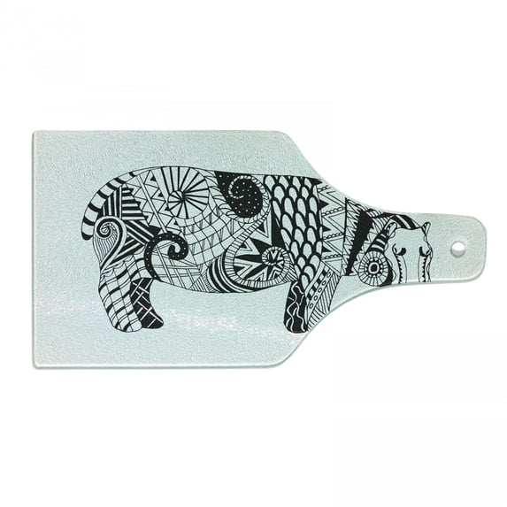 Hippo Cutting Board, Hippo Hand-Drawing Style Print Ornamented with Geometric Forms, Decorative Tempered Glass Cutting and Serving Board, in 3 Sizes, by Ambesonne