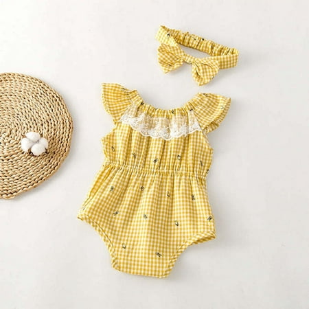

Plaid Sleeveless Baby Onesie with Lace Detail - Charming Style