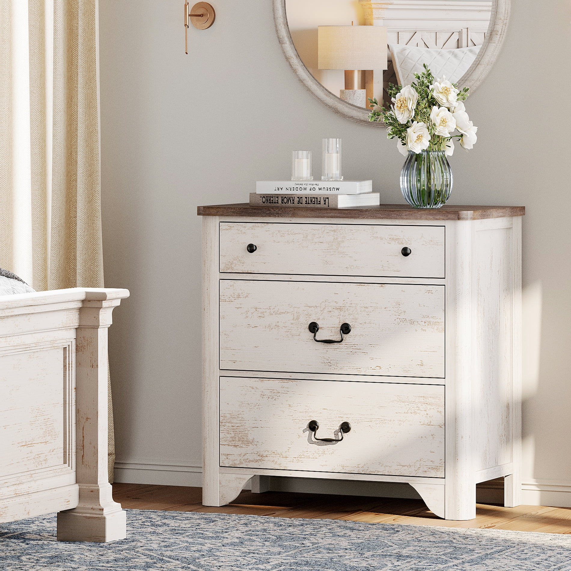 WAMPAT Farmhouse Nightstand with 3 Drawers, Large Wood Bedside Table Night Stand for Living Room, Bedroom, White