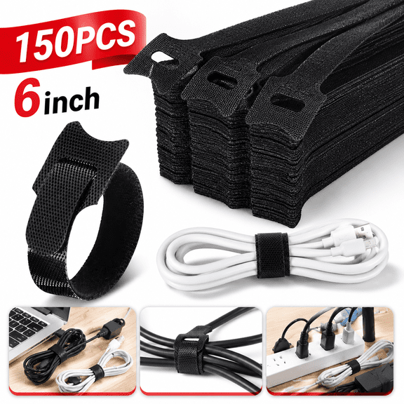 Emlimny 150PCS 6 Inch Reusable Cable Tie,Wire Ties Cord Organizer Cable Organizer Adjustable Reusable Fastener Straps, Hook & Loop Organizer Straps for Home Office
