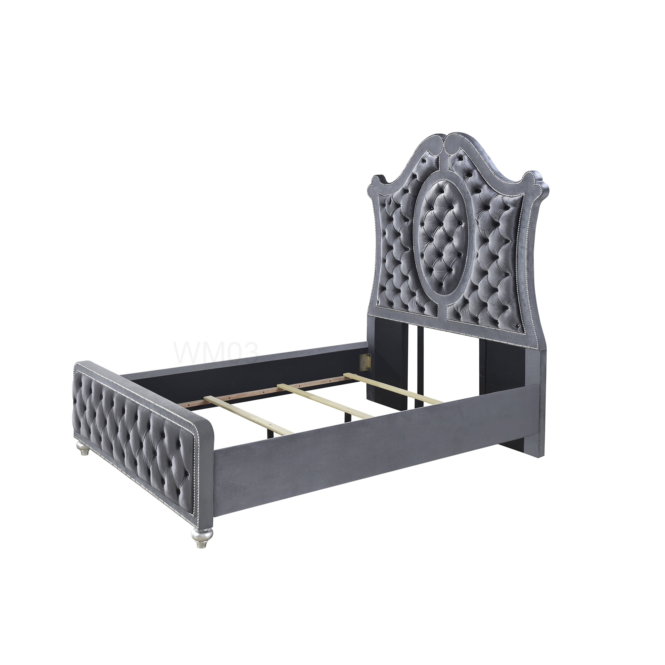 Modern Upholstered Queen Bed Frame, Gray Fabric Platform Bed with Diamond Tufted Headboard and Nailhead Accents