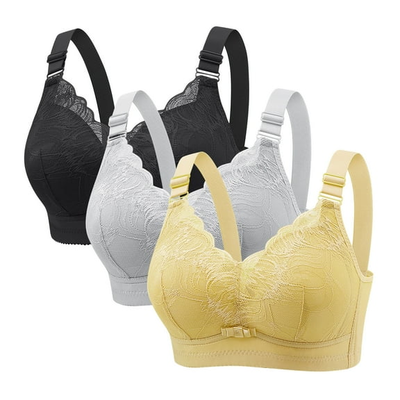 3 Pack Womens Lace Bras No Underwire Thin Cup High Support Fully Coverage Comfortable Wireless Multipack Bra (L, Black/Gray/Khaki)