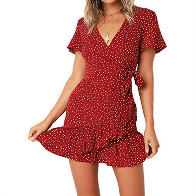 Femmes Été Wrap V Cou Polka Dot Imprimer Volant à Manches Courtes Mini Robe Florale avec Ceinture, Rouge, L