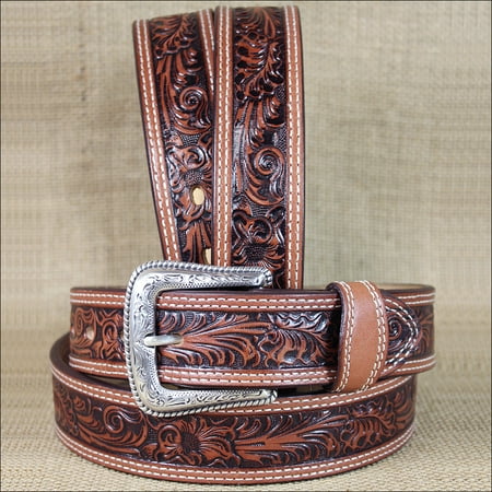 38 Inch Belt - 38 INCH WESTERN MEN TAN TOOLED DARK BROWN LEATHER STITCHING BELT