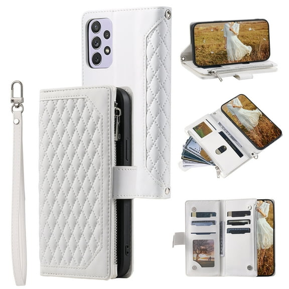 Galaxy A72 Wallet Case with Crossbody Strap,Galaxy A72 Case with Card Holder, Premium Faux Leather Magnetic Folio Kickstand Cover [Long/Short Strap]  For Samsung Galaxy A72 5G/4G,White