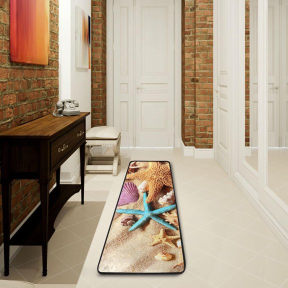 SKYSONIC 2'X6' Summer Beach Starfish Runner Rug with Rubber Backing, Seashells Conch Sand Non Slip Entryway Rug Runner Washable Soft Area Rug Carpet for Hallway Bedroom Kitchen Decor