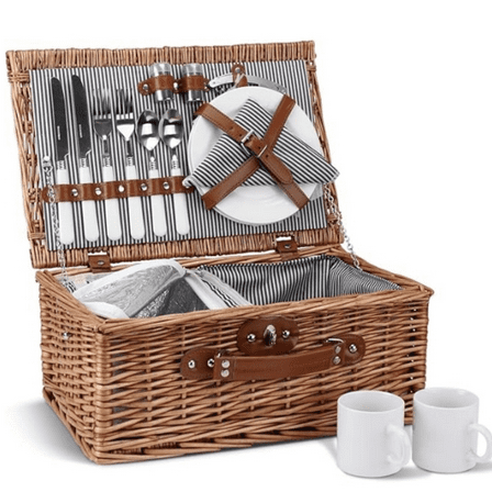Picnic Basket for 2, Willow Hamper Set with Insulate Compartment, Handmade Large Wicker Picnic Basket Set with Utensils Cutlery - Perfect for Picnic, Camping, or Any Other Outdoor