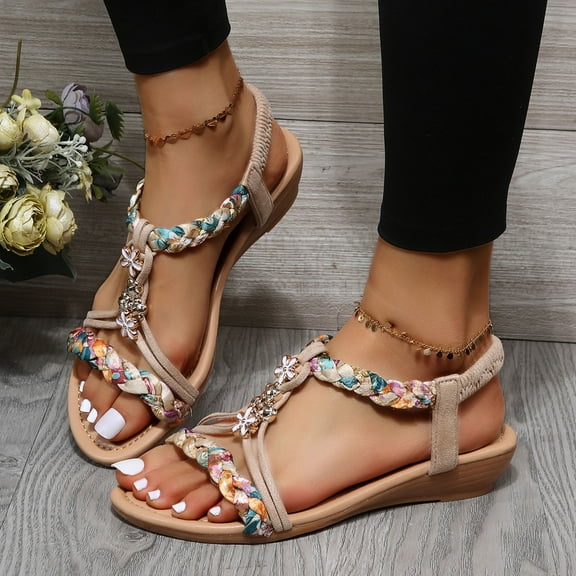 AXXD Beige Sandals for Women Summer Knit Hollow Out Comfy Sandals Slope Heeled Beach Casual Shoes