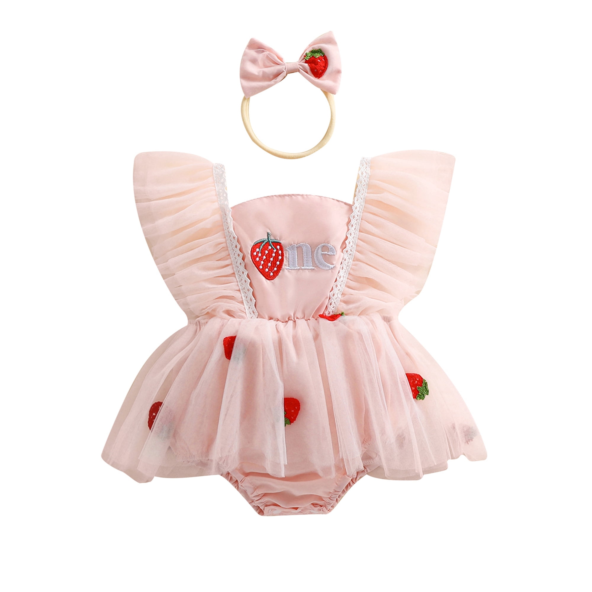 Wifornt Baby Girl First Birthday Outfit Strawberry Embroidery Fly Sleeve Tulle Romper Dress Bow Headband 2 Piece Set Pink