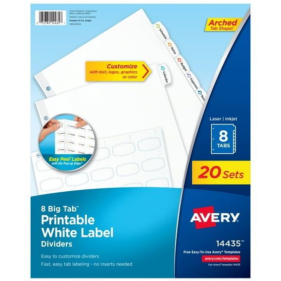 Avery 8-Tab White Label Dividers, Big Tabs (20 Sets of 14435)
