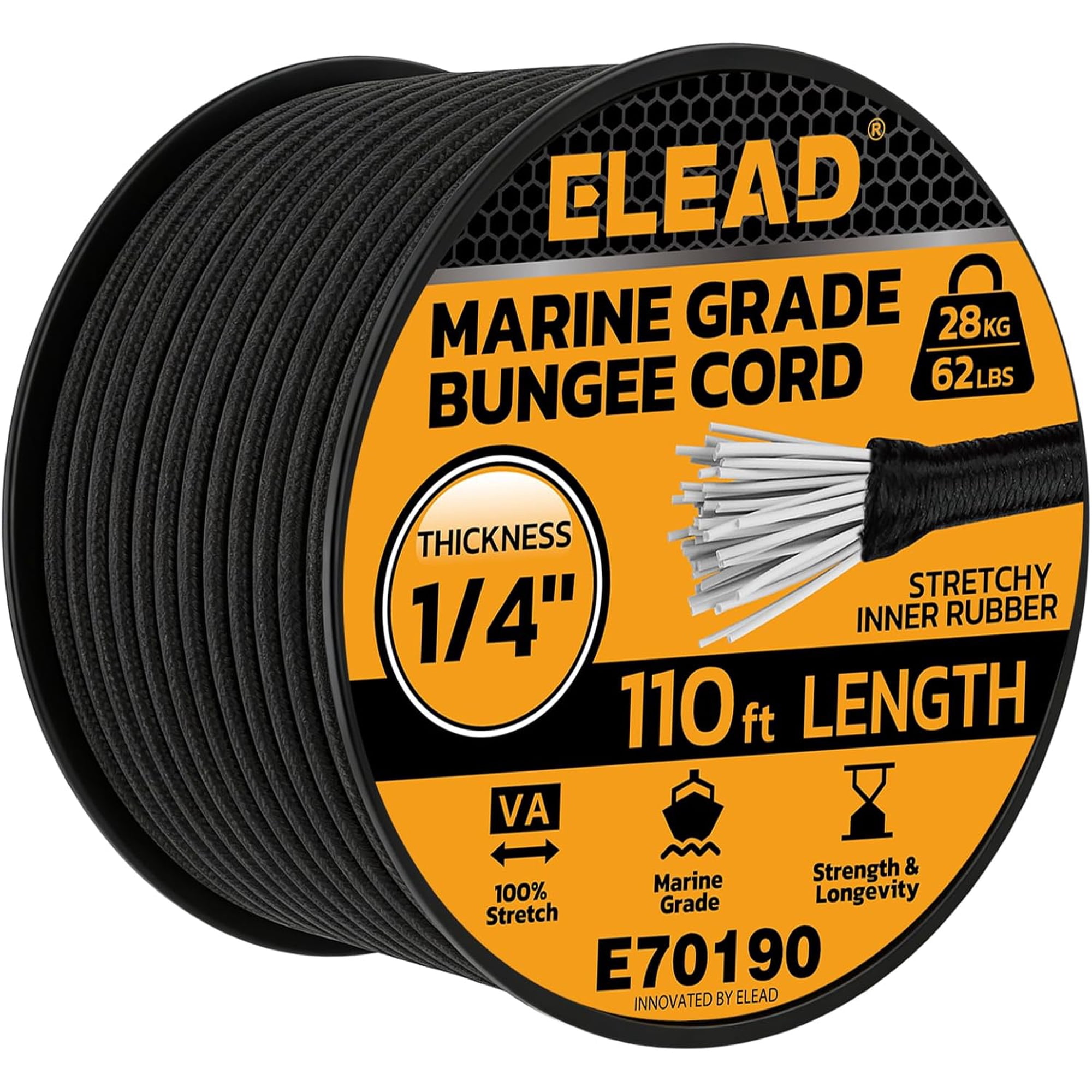 AISUO Marine Grade Heavy Duty Bungee Cord Roll 1/4 Inch &times; 110ft Black Super Elastic Shock Cord Long Elastic Rope for Cargo Camping Bike Racks & Tents