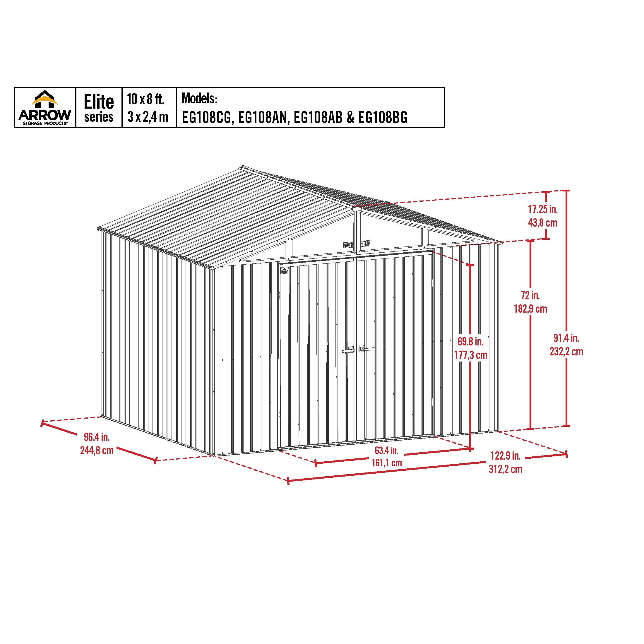 Arrow Elite 10 x 8 x 8 ft Anthracite Steel Storage Shed