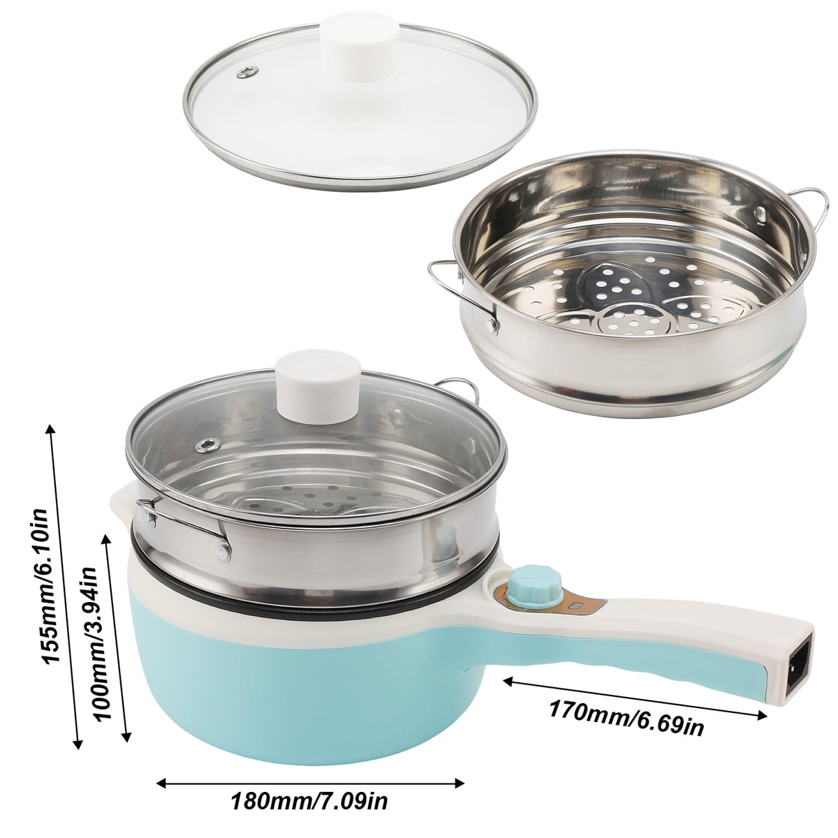1.8L Non-Stick Electric Hot Pot with Steamer, Ramen Cooker with Dual Power Control Mini Hot Pot for Pasta, Dumplings, Soup, Steak, (Rotary Switch) Blue