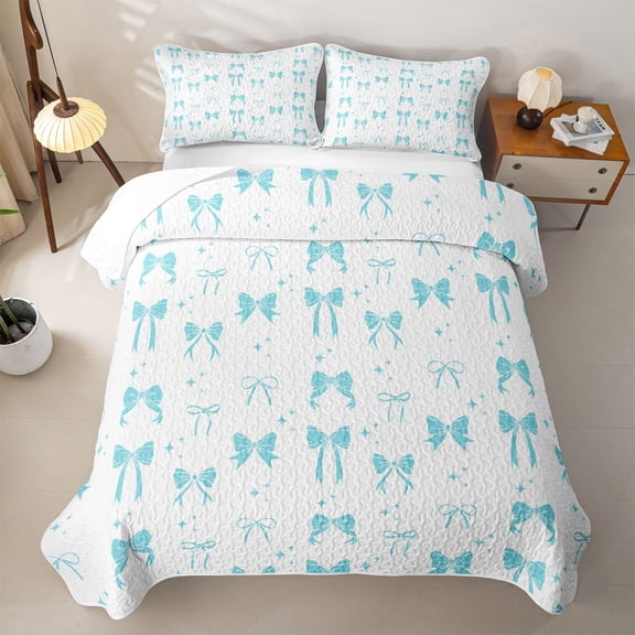 Erosebridal Blue Ribbon Bow Twin Quilt Set,Kawaii Stars Print Twin Coverlet Set For Girls,2-Piece