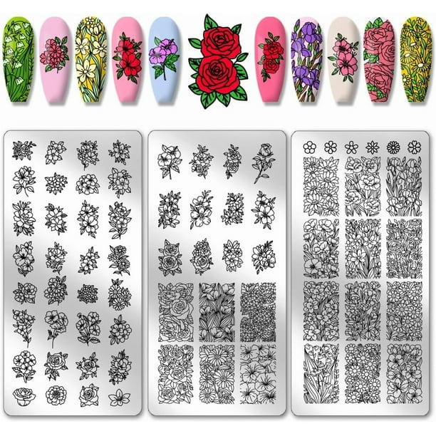 3 placas para estampar uñas con flores, 68 diseños, plantillas para uñas con rosas y flores, plantillas para uñas con diseños de plantas, placas de acero inoxidable con imágenes para uñas.