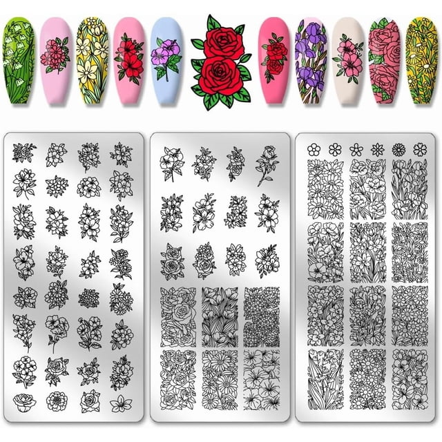 3 placas para estampar uñas con flores, 68 diseños, plantillas para uñas con rosas y flores, plantillas para uñas con diseños de plantas, placas de acero inoxidable con imágenes para uñas.