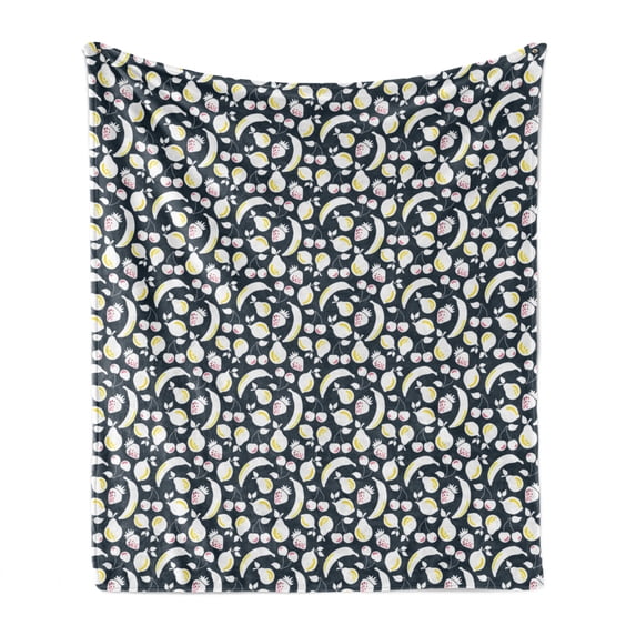 Fruits Soft Flannel Fleece Throw Blanket, Summer Foods Apple Banana Cherry Strawberry Lemon Branches Fresh, Cozy Plush for Indoor and Outdoor Use, 50" x 70", Dark Blue White and Yellow, by Ambesonne