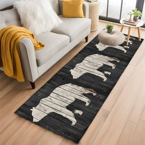 Black White Bear Kitchen Runner Rug 2x6 Washable Runners for Hallway Non Slip Farmhouse Country Rustic Wood Grain Large Area Rug Indoor Floor Carpet for Bathroom Laundry Entryway Bedroom Living Room