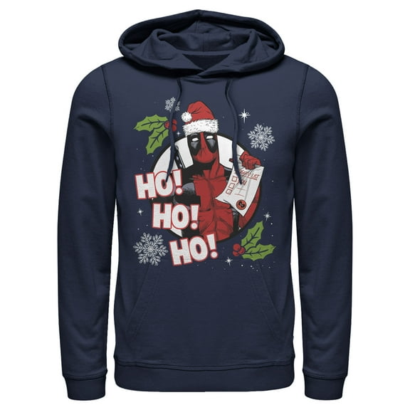Men's Marvel Deadpool Santa Naughty List Holiday  Pull Over Hoodie Navy Blue 3X Large