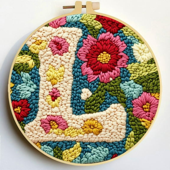 Punch Needle Kits Letter I and Flowers Embroidery Starter Set with Hoop Easy for Beginners DIY Stress Relief Handmade Craft Hobby and Home Decor 20x20cm-5