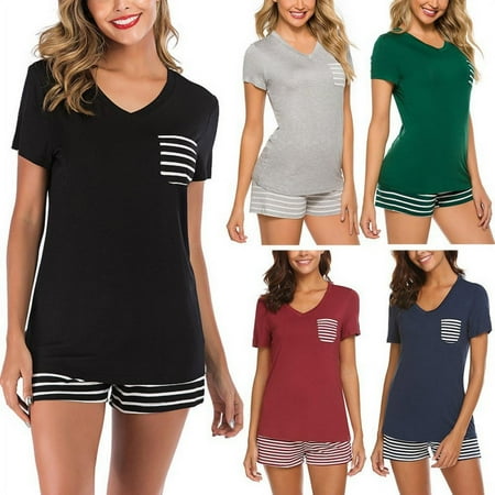 

Women Nightwear Short Sleeve Shirt and Shorts Summer Loungewear Pajama Set V Neck Sleepwear