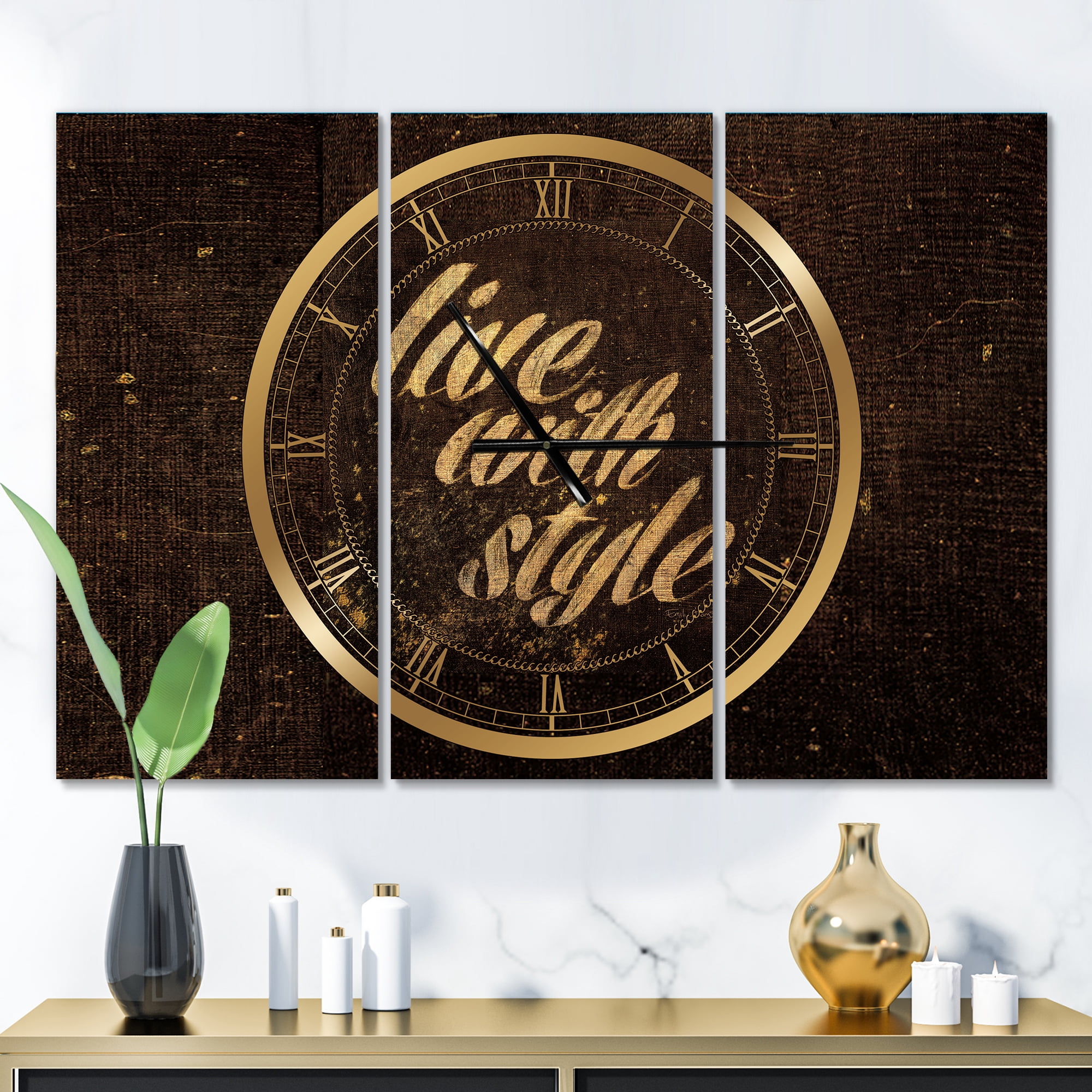 Designart 'Gold Glam Live with Style Quotes' Traditional Wall Clock