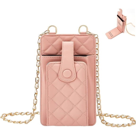 Small Crossbody Cell Phone Bag PU Leather Phone Purse Holder for Women Wallet Case Pouch with Credit Card Slots Mini Shoulder Bag with Shoulder Chain Travel Pocket 7.6x4.3x0.8 Inch Pink for DIY
