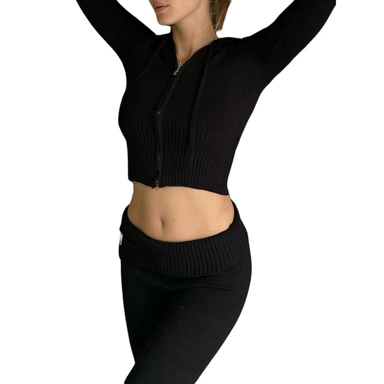 Tracksuit Women 2 Piece Set Fitness Black Zipper up Skinny