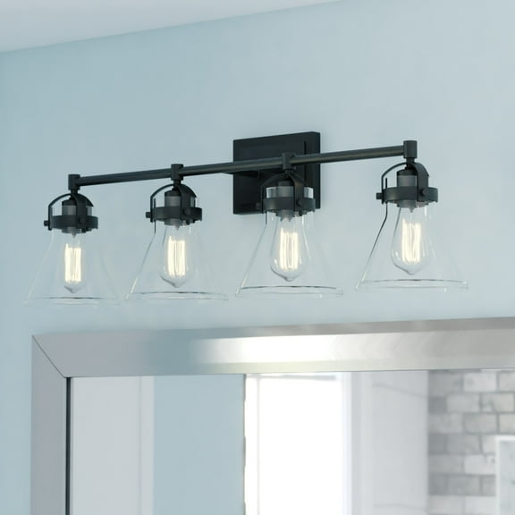 Mason 4 Light Farmhouse Black Bathroom Vanity Fixture Clear Glass