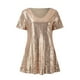 thumbnail image 5 of Vestido mini de manga corta con lentejuelas para mujer: vestido de fiesta brillante con purpurina, poliéster, cuello redondo, dobladillo con volantes, corte holgado, 5 of 8