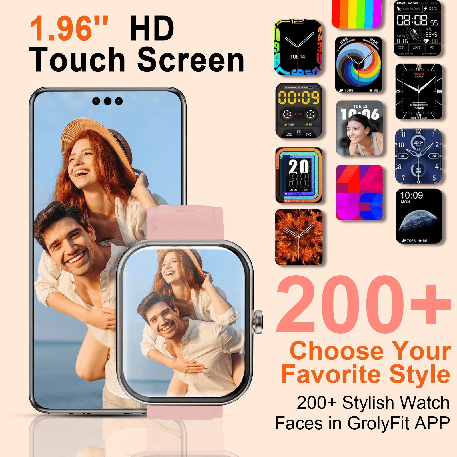 Smart Watch for Men Women Fitness,1.96" HD Touch Screen Fitness Tracker with Bluetooth Call Answer/Dial,Fitness Watch with 100+ Sports Modes,Pedometer,Calorie Counter,IP68 Waterproof Smartwatch Compa
