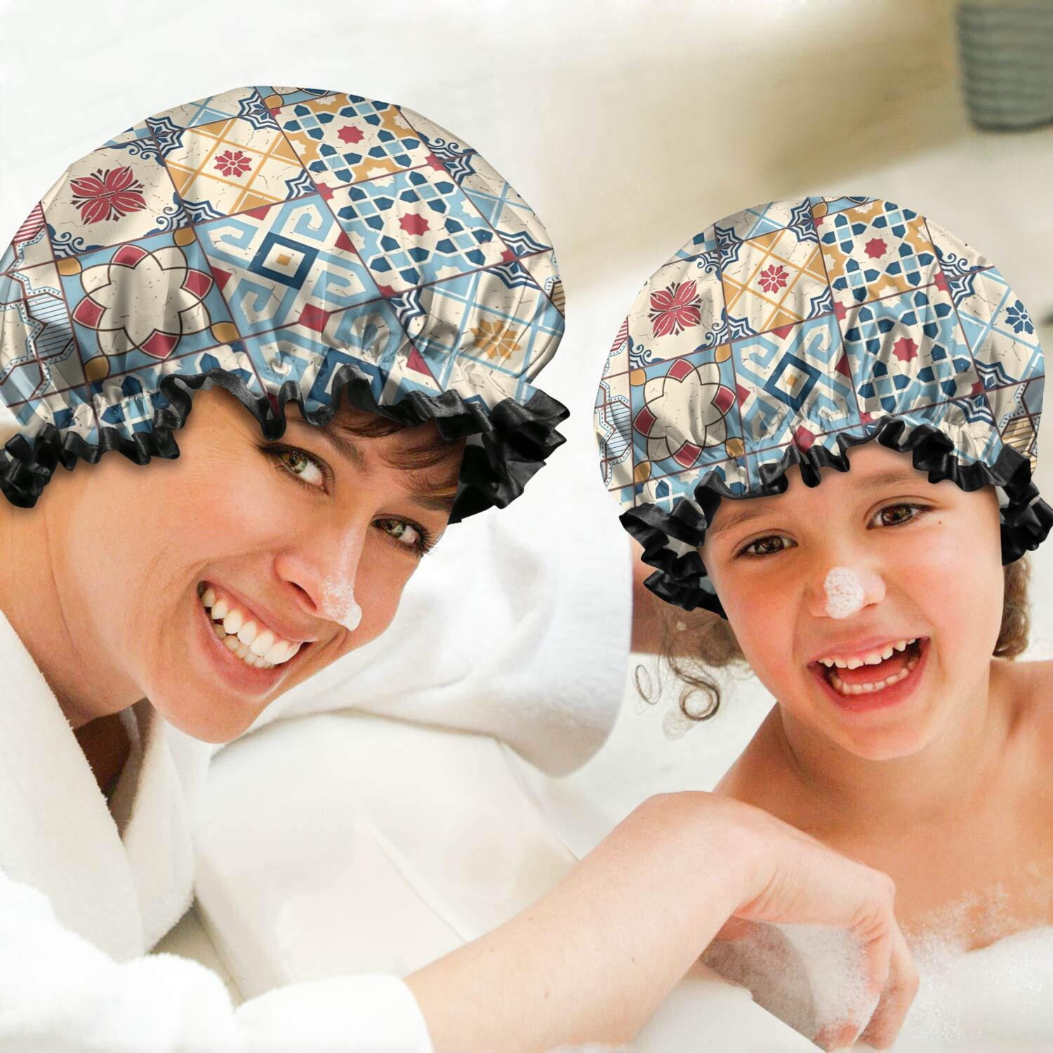 Shower Caps,Multicolor Ethnic Geometric Patchwork Pattern Waterproof Shower Cap for Women 4 Pieces,Double Reusable Hair Cover for Shower PEVA Elastic Stretch Hem