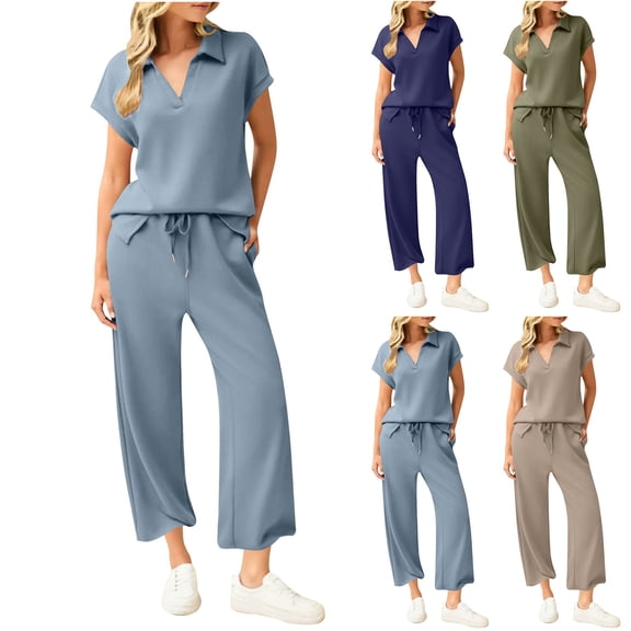 Hrsba Solid Color 2 Piece Set for Women V Neck Loose Short Sleeve Top and Drawstring Flared Long Pants Casual Summer Outfits
