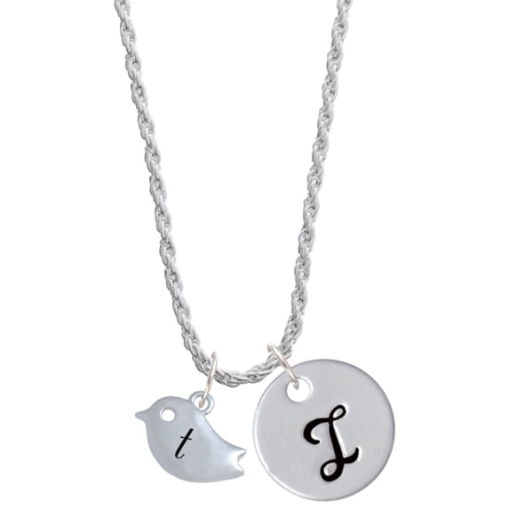 Delight Jewelry Silvertone Little Bird Initial - T - Silvertone Script Initial Disc - I - Charm Necklace, 20"+3"