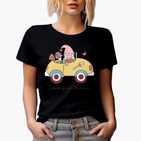 Cute Love Is in the Air with Gnome in a Car, Retro Valentine's Day Gift, Black T-Shirt, Small