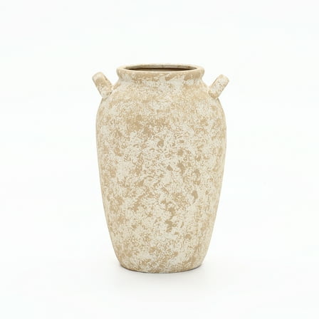 LuxenHome Vintage Pottery Off-White with Brown 15.75-Inch Tall Round Ceramic Vase